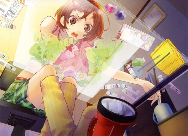 Anime picture 2124x1539 with original pixiv girls collection tagme (artist) single highres short hair open mouth brown hair bare shoulders brown eyes orange hair orange eyes plaid skirt transparent girl flower (flowers) chair clock lantern room