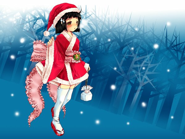 Anime picture 1102x827 with original yuunagi seshina short hair black hair green eyes japanese clothes zettai ryouiki fur trim snowing christmas winter exhalation lolita fashion wa lolita thighhighs hair ornament hat kimono hairclip fur