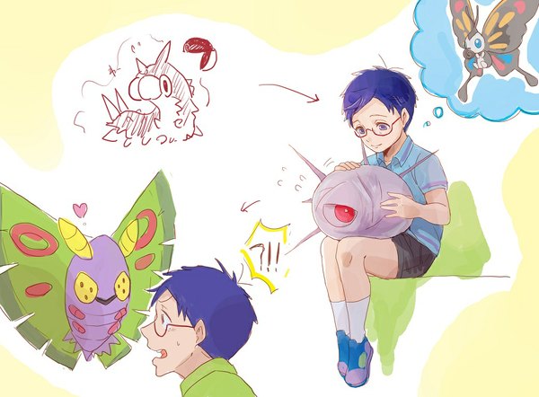 Anime picture 1039x767 with pokemon free! kyoto animation nintendo ryugazaki rei beautifly cascoon dustox wurmple ronisuke short hair open mouth sitting purple eyes blue hair profile crossover surprised alternate age younger