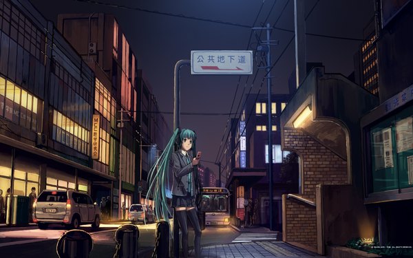 Anime picture 1920x1200 with vocaloid mikumix ford hatsune miku suchfolder single long hair highres wide image twintails very long hair aqua eyes aqua hair alternate costume wallpaper zettai ryouiki city cityscape scenic real world location