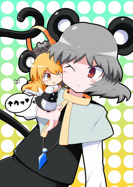 Anime picture 857x1200 with touhou kirisame marisa nazrin mouse marisa aho long hair tall image fringe short hair open mouth simple background blonde hair red eyes multiple girls animal ears yellow eyes tail animal tail one eye closed grey hair