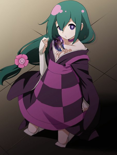 Anime picture 650x861 with katanagatari white fox yasuri nanami mattaku mousuke single long hair tall image looking at viewer fringe simple background bare shoulders cleavage ahoge long sleeves traditional clothes head tilt japanese clothes hair flower from above wide sleeves