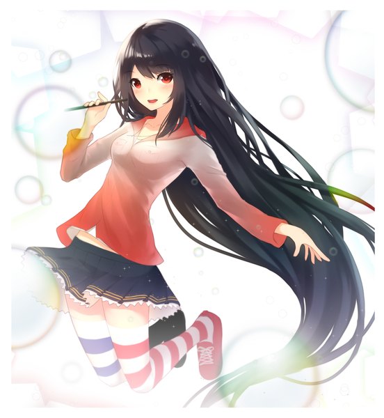 Anime picture 3450x3750 with original ariinine single long hair tall image looking at viewer blush highres open mouth black hair red eyes absurdres bent knee (knees) girl thighhighs skirt miniskirt striped thighhighs bubble (bubbles)