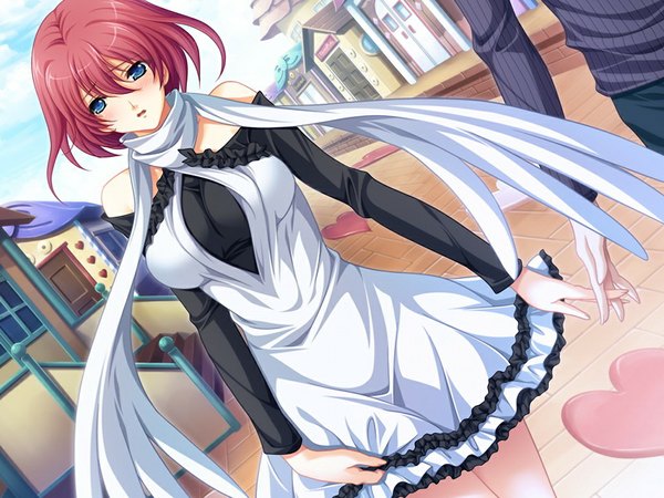 Anime picture 1024x768 with gachi otome quintet looking at viewer blush short hair open mouth blue eyes bare shoulders game cg red hair girl dress scarf