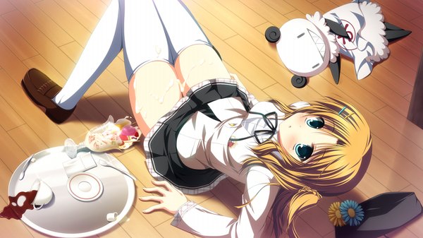 Anime picture 1024x576 with uni. special limited edition (game) blue eyes brown hair wide image game cg girl thighhighs white thighhighs serafuku