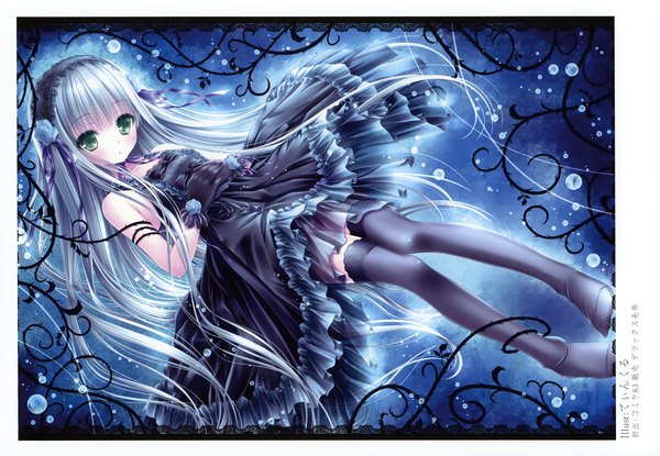 Anime picture 3475x2406 with original tinker bell single long hair looking at viewer blush highres bare shoulders green eyes absurdres silver hair scan zettai ryouiki frilled dress gothic girl thighhighs dress gloves black thighhighs