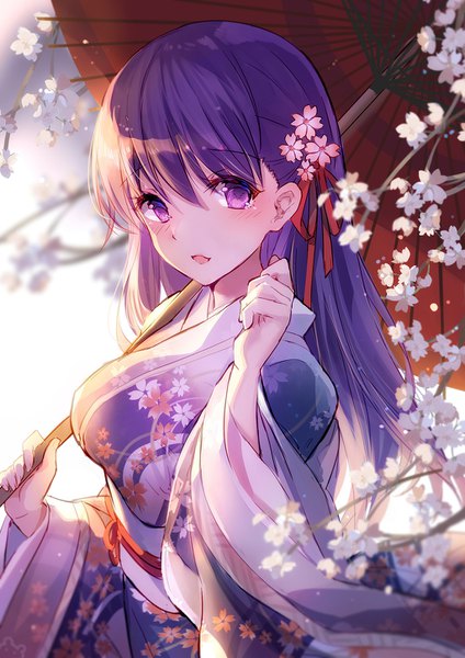 Anime picture 1024x1448 with fate (series) fate/stay night matou sakura bison cangshu single long hair tall image looking at viewer blush fringe breasts open mouth hair between eyes purple eyes purple hair traditional clothes japanese clothes hair flower blurry wide sleeves