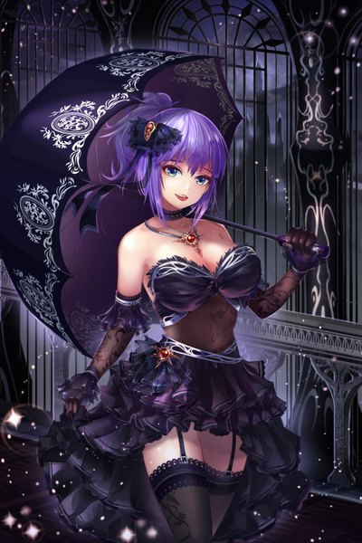 Anime picture 667x1000 with original nell p single tall image looking at viewer fringe short hair open mouth blue eyes hair between eyes blue hair girl thighhighs dress gloves hair ornament black thighhighs black gloves elbow gloves pendant