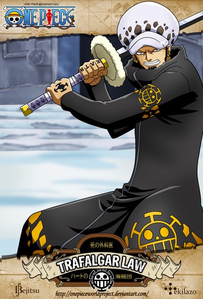 Anime picture 1537x2252 with one piece toei animation one piece world project trafalgar law bejitsu tekilazo300 single tall image looking at viewer short hair black hair tattoo character names grin winter snow boy weapon earrings sword