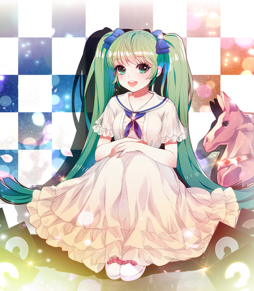 Anime picture 1000x1149 with vocaloid hatsune miku eu (euspia) single tall image looking at viewer open mouth smile twintails very long hair aqua eyes aqua hair girl dress bow hair bow