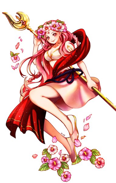 Anime picture 900x1414 with magi the labyrinth of magic a-1 pictures sheba (magi) mi_ne single long hair tall image looking at viewer blush breasts simple background white background bare shoulders holding signed payot pink hair cleavage full body bent knee (knees)