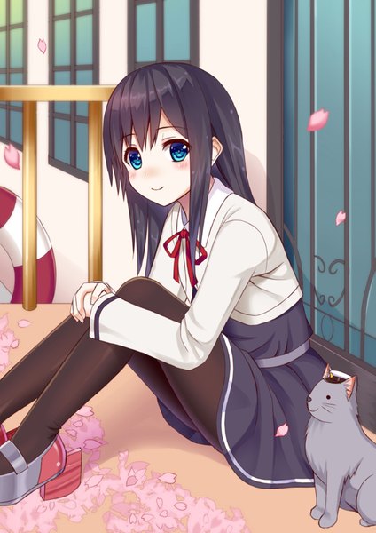 Anime picture 595x841 with kantai collection asashio destroyer ikeda yuuki (artist) single long hair tall image looking at viewer blush fringe blue eyes black hair smile hair between eyes sitting bent knee (knees) outdoors long sleeves leaning leaning forward hands clasped