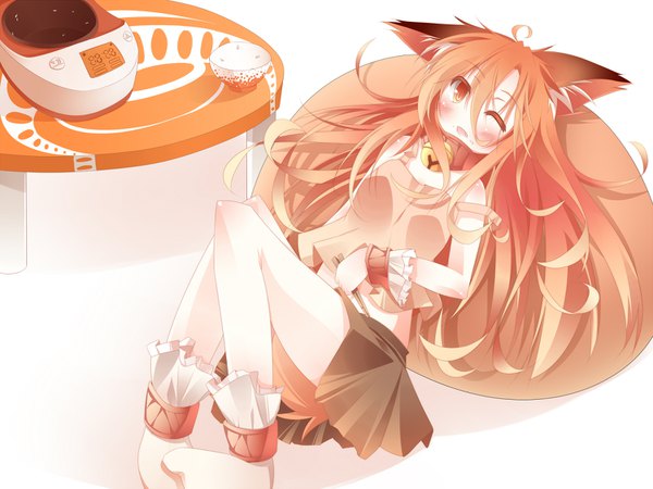 Anime picture 1500x1125 with original daidai ookami long hair blush fringe breasts open mouth simple background hair between eyes white background animal ears full body ahoge bent knee (knees) tail :d animal tail one eye closed from above cat ears