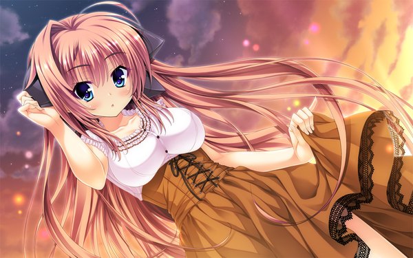 Anime picture 1054x659 with scramble lovers izumo sakurako inuzumi masaki single long hair looking at viewer blush breasts open mouth blue eyes brown hair large breasts game cg sky cloud (clouds) evening looking down sunset girl dress
