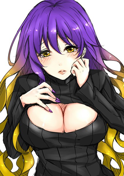 Anime picture 826x1169 with touhou hijiri byakuren kyogoku-uru single long hair tall image blush breasts light erotic simple background large breasts white background looking away cleavage purple hair nail polish multicolored hair two-tone hair embarrassed hand on chest