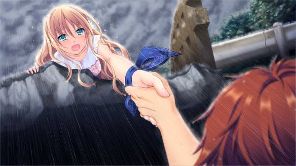 Anime picture 1280x720 with astraythem ginta long hair open mouth blonde hair wide image green eyes game cg tears rain girl
