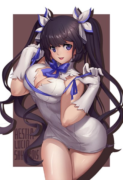 Anime picture 600x877 with dungeon ni deai wo motomeru no wa machigatteiru darou ka j.c. staff hestia (danmachi) lucidsky single tall image looking at viewer fringe breasts light erotic black hair simple background large breasts purple eyes twintails very long hair light smile covered navel framed rei no himo