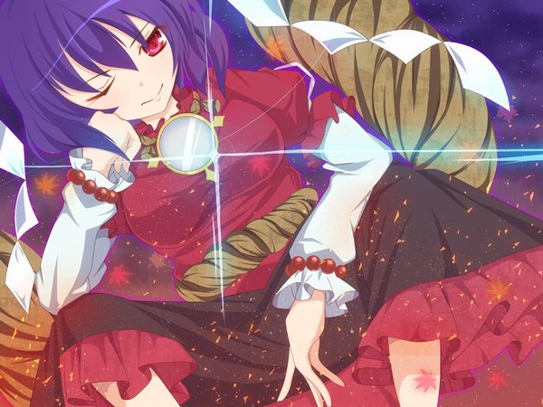 Anime picture 1000x750 with touhou yasaka kanako ashino single short hair red eyes purple hair one eye closed wink girl dress leaf (leaves)