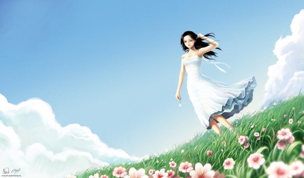 Anime picture 1280x753 with original phungdinhdung single long hair black hair wide image standing bare shoulders brown eyes sky cloud (clouds) wind field girl dress flower (flowers) plant (plants) petals white dress grass