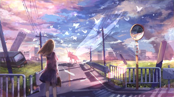 イラスト 3840x2160 と オリジナル 秋月アキラ ソロ 長髪 highres 茶色の髪 wide image 立つ holding absurdres cloud (clouds) pleated skirt 風 from behind sunlight 影 壁紙 lens flare city cityscape