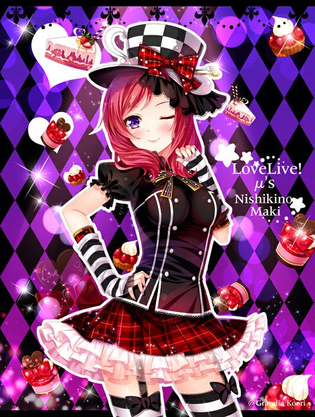 Anime picture 606x800 with love live! school idol project sunrise (studio) love live! nishikino maki grandia bing single long hair tall image blush smile purple eyes red hair pleated skirt one eye closed wink inscription copyright name character names hand on hip girl