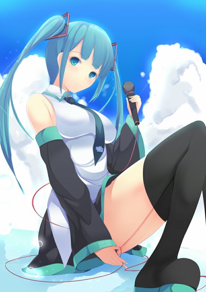 Anime picture 800x1131 with vocaloid hatsune miku daiaru single long hair tall image looking at viewer twintails bare shoulders cloud (clouds) aqua eyes aqua hair girl thighhighs black thighhighs detached sleeves necktie thigh boots microphone