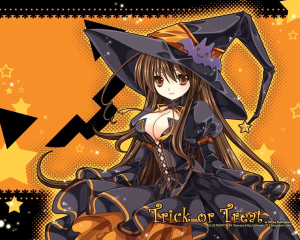 Anime picture 1280x1024 with shenjou (artist) single long hair smile brown hair brown eyes witch girl dress star (symbol) witch hat