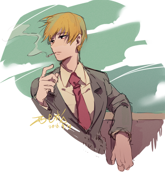 Anime picture 800x833 with mob psycho 100 studio bones reigen arataka xi yuu single tall image short hair blonde hair signed looking away upper body black eyes dated smoke smoking sketch formal boy cigarette