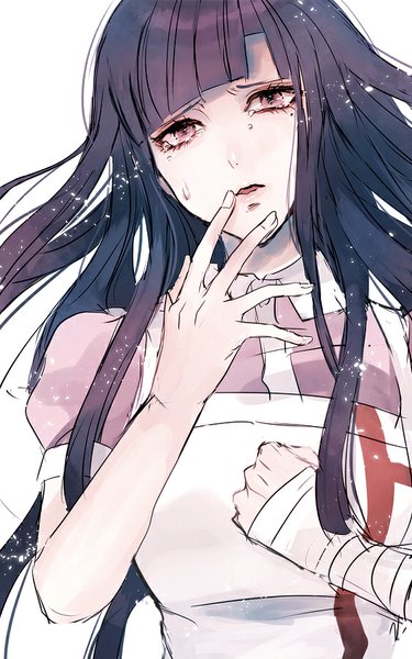 Anime picture 565x903 with dangan ronpa super dangan ronpa 2 tsumiki mikan sakuyu single long hair tall image looking at viewer fringe open mouth white background blue hair pink eyes mole short sleeves sweat mole under eye tears finger to mouth portrait
