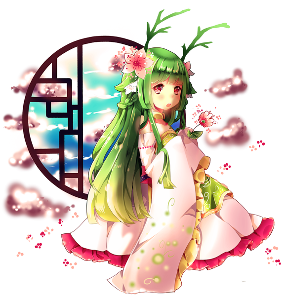 Anime picture 1252x1300 with original maruuki single long hair tall image blush open mouth blonde hair red eyes sky cloud (clouds) traditional clothes japanese clothes multicolored hair hair flower green hair two-tone hair gradient hair girl hair ornament