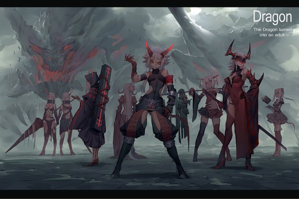 Anime picture 1498x1000 with original gods long hair looking at viewer fringe light erotic smile hair between eyes red eyes standing multiple girls looking away cleavage full body tail very long hair profile arm up hair flower horn (horns)