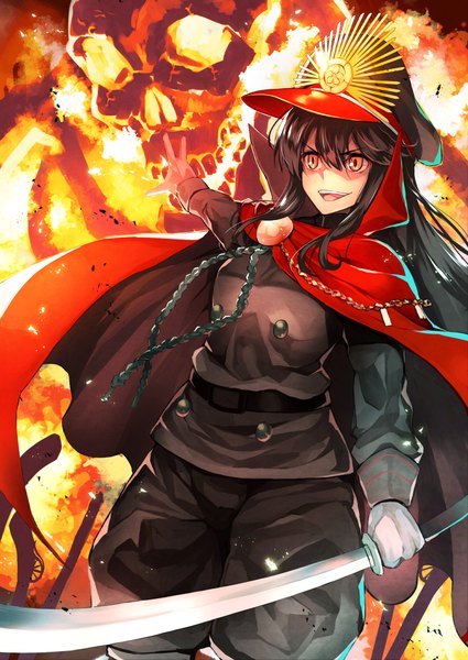 Anime picture 752x1062 with fate (series) koha-ace oda nobunaga (fate) (all) oda nobunaga (fate) body mahattaya ginga single long hair tall image fringe open mouth black hair smile hair between eyes red eyes standing looking away outstretched arm shaded face girl uniform