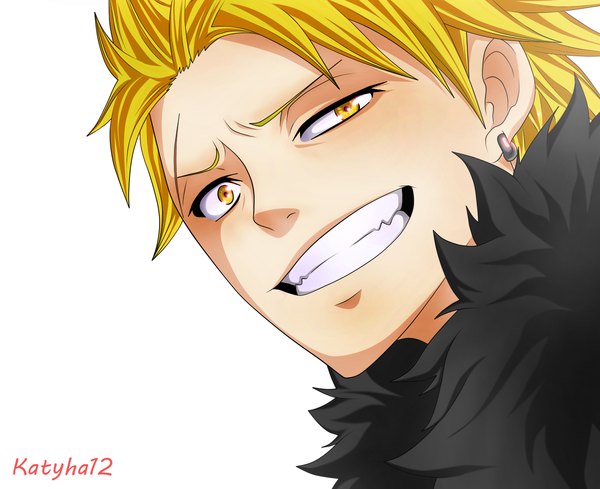 Anime picture 1520x1239 with fairy tail sting eucliffe katyha12 single short hair simple background blonde hair smile white background yellow eyes grin coloring portrait face boy earrings fur
