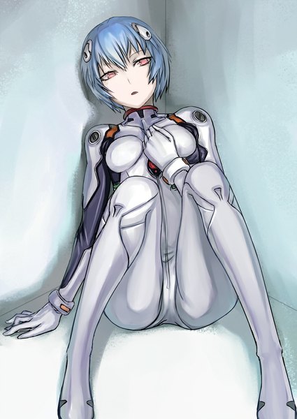 Anime picture 779x1100 with neon genesis evangelion rebuild of evangelion evangelion: 2.0 you can (not) advance evangelion: 3.0 you can (not) redo gainax ayanami rei tea (nakenashi) single tall image looking at viewer short hair light erotic sitting blue hair pink eyes hand on chest corner girl pilot suit
