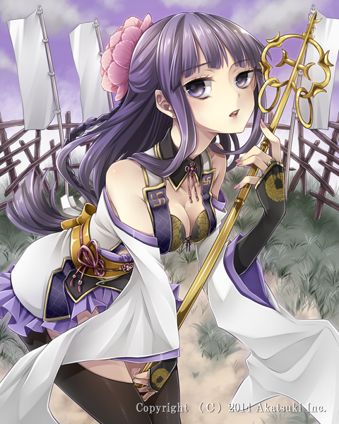 Anime picture 1920x2400 with original takamiya ren single long hair tall image looking at viewer highres open mouth purple eyes bare shoulders purple hair hair flower girl thighhighs hair ornament flower (flowers) black thighhighs plant (plants) detached sleeves grass