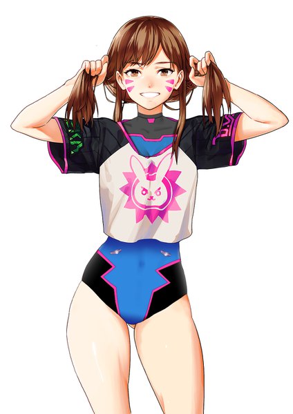 Anime picture 1024x1449 with overwatch blizzard entertainment d.va (overwatch) shugo19 noto tsugumi single long hair tall image looking at viewer fringe light erotic simple background smile standing white background brown eyes short sleeves facial mark happy ass visible through thighs