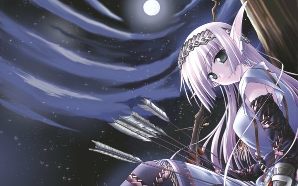Anime picture 1280x800 with original tsukimori hiro long hair looking at viewer smile wide image sitting green eyes white hair pointy ears night night sky elf archery girl hairband moon full moon bow (weapon) arrow (arrows)