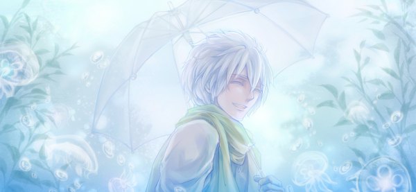 Anime picture 1280x592 with dramatical murder nitro+chiral clear (dmmd) kino666 single short hair open mouth smile wide image white hair eyes closed underwater boy plant (plants) scarf umbrella bubble (bubbles) jellyfish