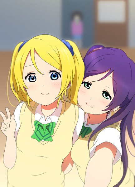 Anime picture 630x872 with love live! school idol project sunrise (studio) love live! yazawa nico toujou nozomi ayase eli icehotmilktea tall image looking at viewer breasts blue eyes black hair blonde hair smile standing twintails multiple girls purple hair indoors head tilt