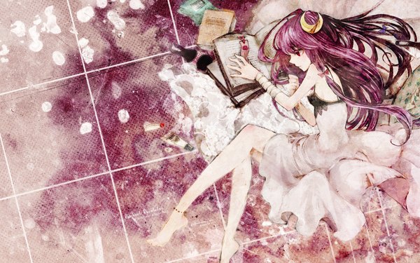 Anime picture 1920x1200 with touhou patchouli knowledge duca single long hair highres wide image purple eyes purple hair lying bondage crescent girl dress bow book (books)