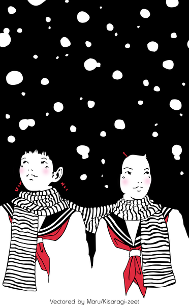 Anime picture 1220x1967 with nakamura yusuke tall image blush short hair black hair smile twintails multiple girls black eyes snowing vector multicolored shared scarf girl hair ornament 2 girls serafuku hairclip scarf striped scarf