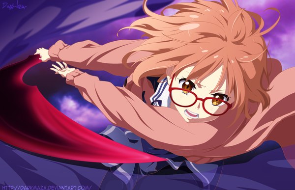 Anime picture 3500x2261 with kyoukai no kanata kyoto animation kuriyama mirai darkmaza single highres short hair open mouth brown hair yellow eyes absurdres sky cloud (clouds) pleated skirt coloring girl skirt uniform weapon school uniform