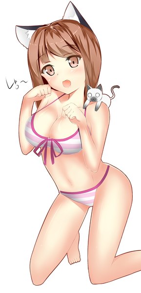 Anime picture 1400x2900 with freesha single long hair tall image blush breasts open mouth light erotic simple background brown hair large breasts white background brown eyes animal ears cat ears kneeling girl swimsuit animal bikini