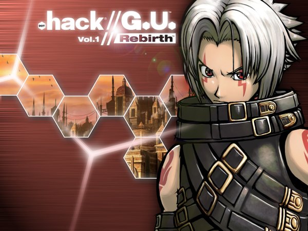 Anime picture 1280x960 with .hack// .hack//g.u. haseo single looking at viewer short hair red eyes silver hair upper body tattoo copyright name facial mark red background frown spiked hair boy belt