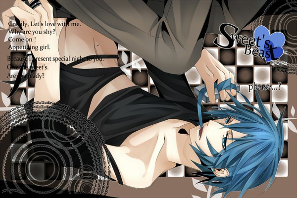 Anime picture 1500x1000 with vocaloid kaito (vocaloid) tagme (artist) single short hair open mouth blue eyes bare shoulders blue hair aqua eyes inscription torn clothes upside down checkered background boy navel ribbon (ribbons) heart pants ring