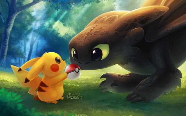 Anime picture 1920x1200 with pokemon how to train your dragon nintendo dreamworks pikachu toothless tsaoshin highres brown eyes green eyes signed fantasy crossover gen 1 pokemon plant (plants) animal tree (trees) forest dragon pokemon (creature)