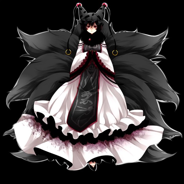 Anime picture 2400x2400 with touhou yakumo ran yutazou single highres short hair black hair red eyes japanese clothes fox tail black background multiple tails girl