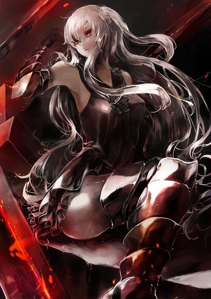 Anime picture 2039x2893 with kantai collection aircraft carrier hime feishu single long hair tall image looking at viewer highres breasts light erotic red eyes large breasts sitting bare shoulders white hair sleeveless one side up glowing glowing eye (eyes) pale skin