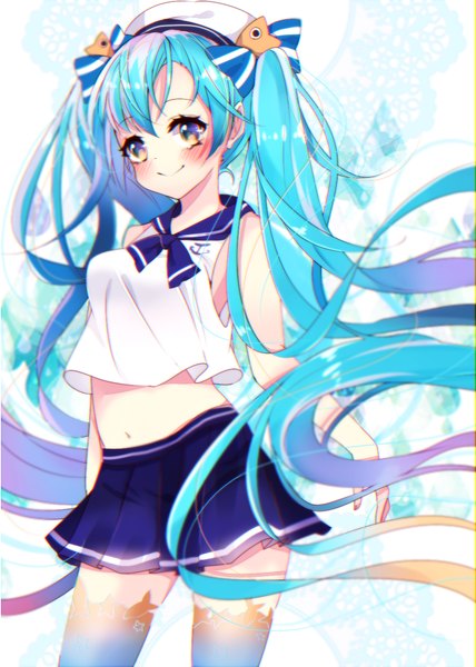 Anime picture 1000x1400 with vocaloid hatsune miku marine miku motsuni (lxxe1120) single tall image blush fringe breasts blonde hair smile standing twintails bare shoulders yellow eyes pink hair very long hair pleated skirt multicolored hair aqua hair