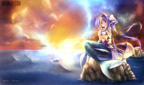 Anime picture 1964x1165 with madoka (spec.0) single long hair highres blue eyes wide image purple hair evening sunset girl sea jewelry mermaid